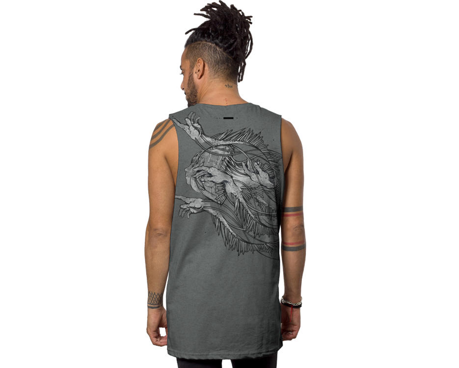 man tank top with a jally fish print in dark gery 